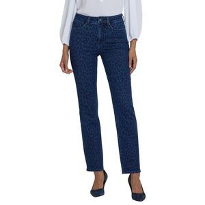 Nydj Womens  Marilyn Dark Denim Leopard Print Straight Leg Jean